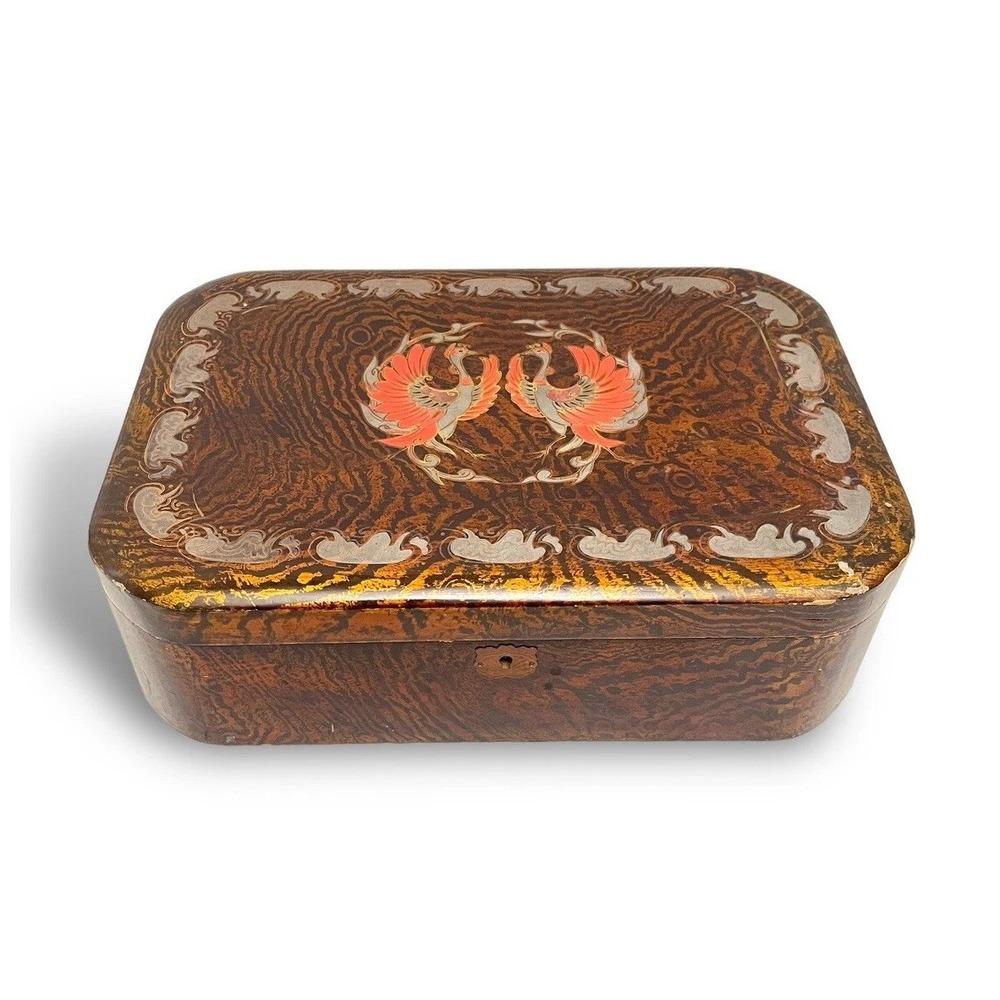 Lacquer Locking Jewelry Tea Trinket Box Wooden Hand painted Cranes Vintage Old